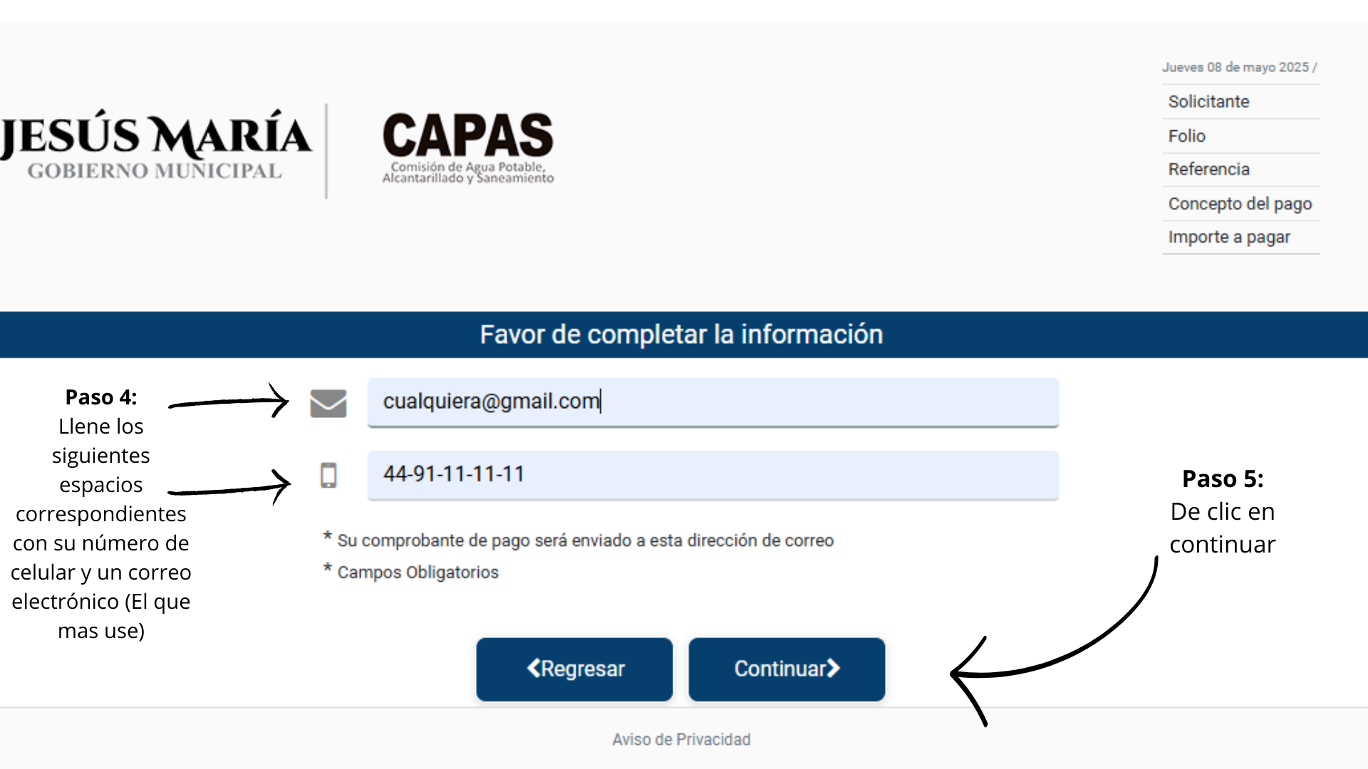 Ingreso de datos de contacto en la plataforma de pago